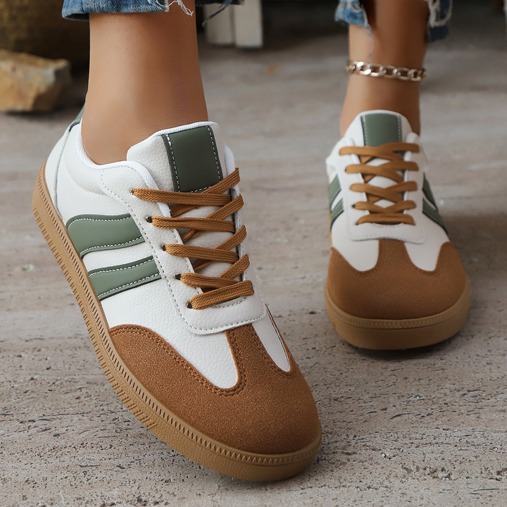 Women's Leather Trainers – Retro Stripe Gum Sole Shoes – view 6