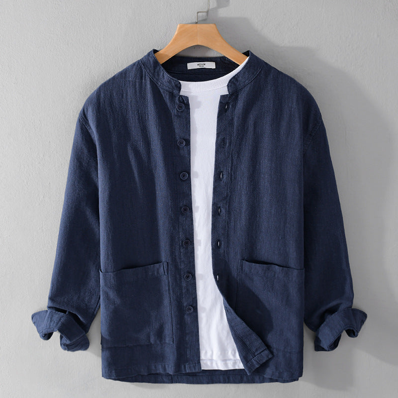 Men's Linen Blend Grandad Collar Shirt – Summer Layering – Grey