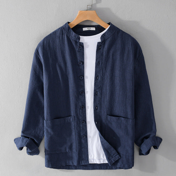 Men's Linen Blend Grandad Collar Shirt – Summer Layering – Grey