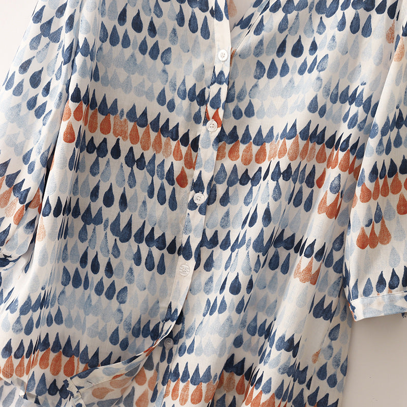Women's Printed Linen Blouse – Relaxed Raindrop-Print Top – view 4