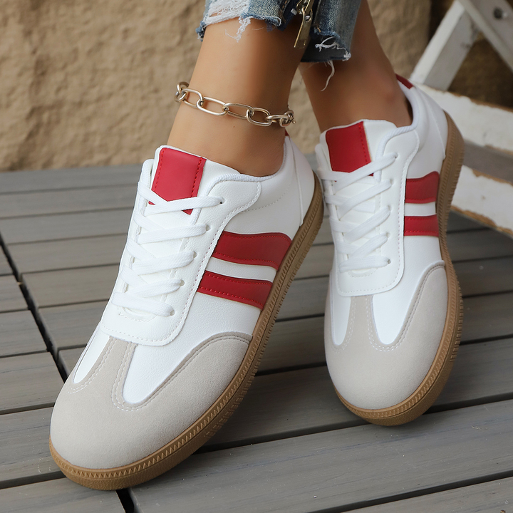 Women's Leather Trainers – Retro Stripe Gum Sole Shoes – view 2