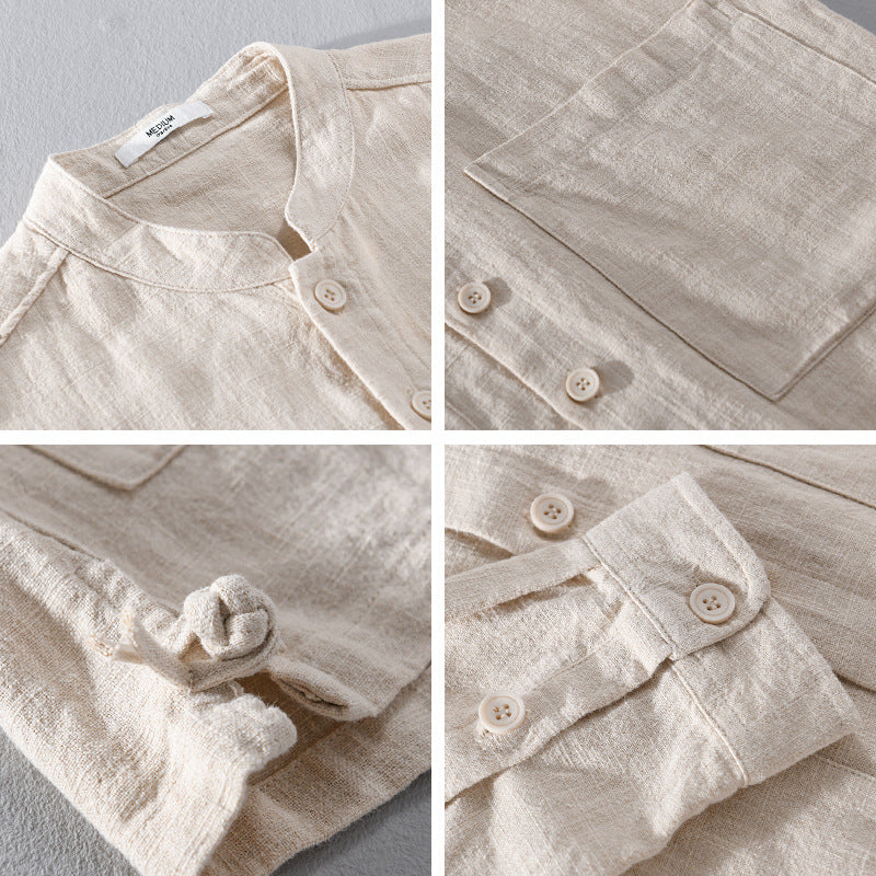 Men's Linen Blend Grandad Collar Shirt – Summer Layering – Cream