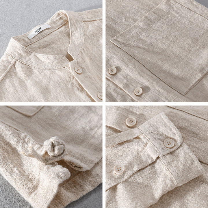Men's Linen Blend Grandad Collar Shirt – Summer Layering – Cream