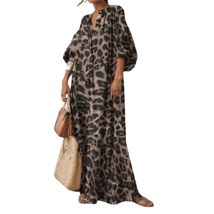 Women's Leopard Print Puff Sleeve Maxi Dress - Boho Style for Vacation
