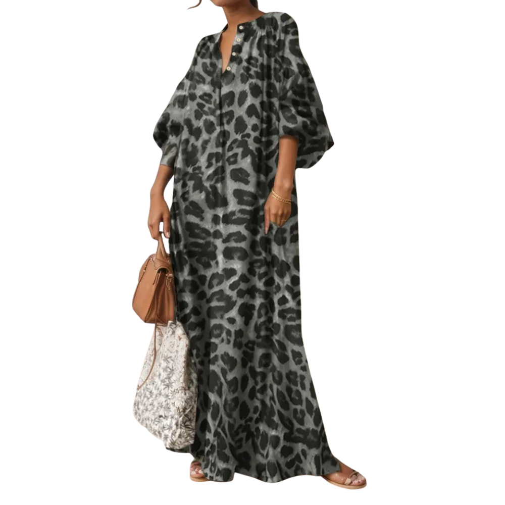 Women's Leopard Print Puff Sleeve Maxi Dress - Boho Style for Vacation