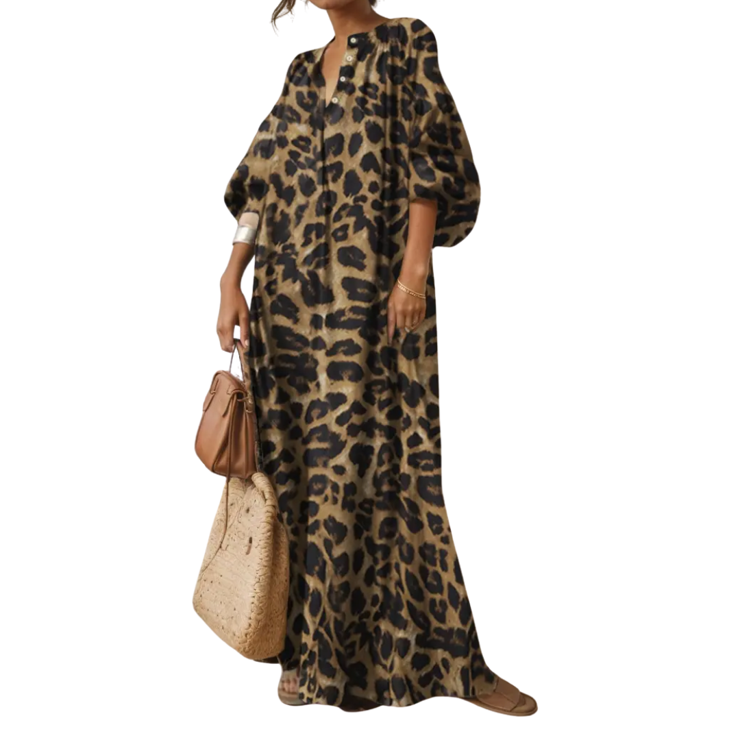 Women's Boho Puff Sleeve Leopard Maxi Dress - Effortless Vacation