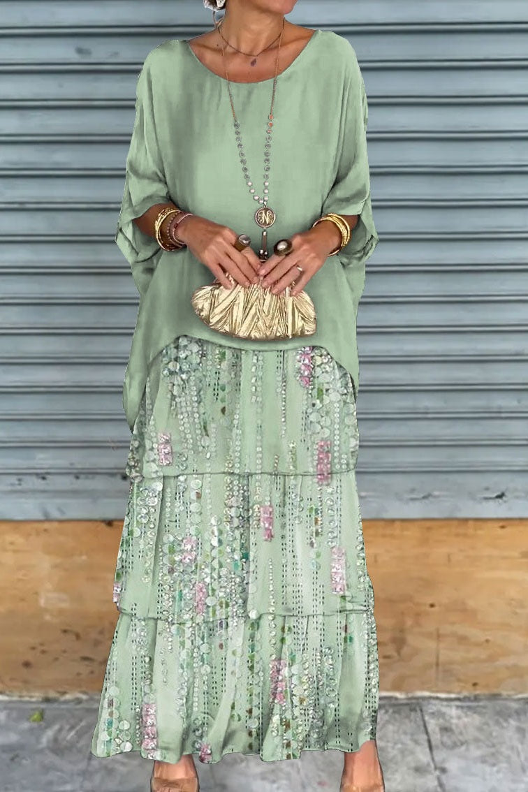 Women's Light Green Chiffon Cape Maxi Dress - Effortless Bohemian