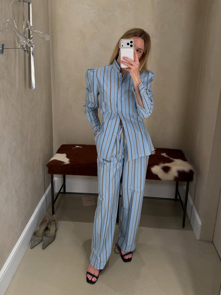 Blue Striped Shirt & Wide-Leg Set