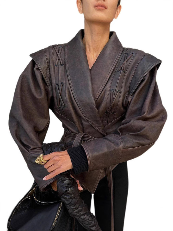 Tie-Waist Cropped Leather Jacket