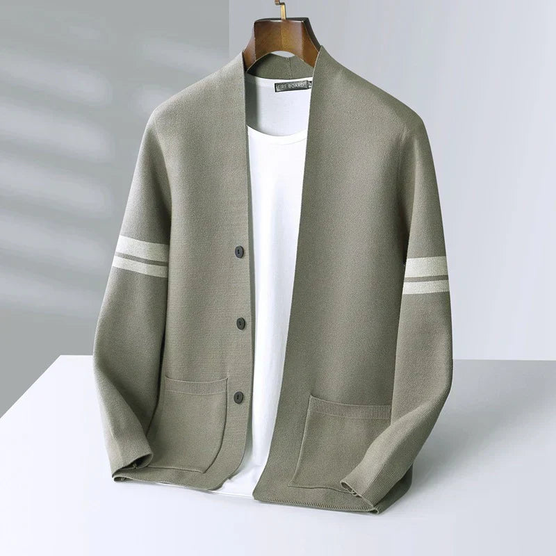 Men's Merino Blend Knit Cardigan – Varsity Stripe Layering – view 6