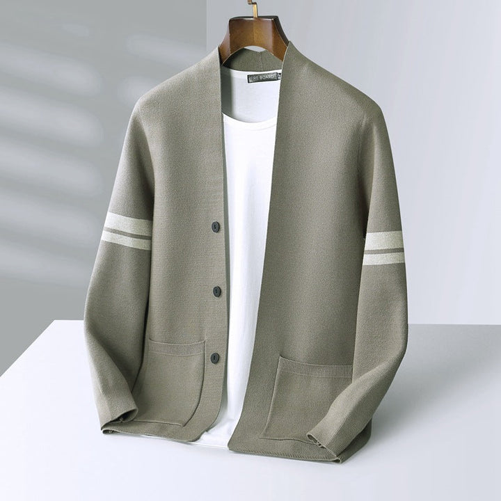 Men's Fine Knit Stripe Cardigan – Varsity Detail Layering Piece – view 5