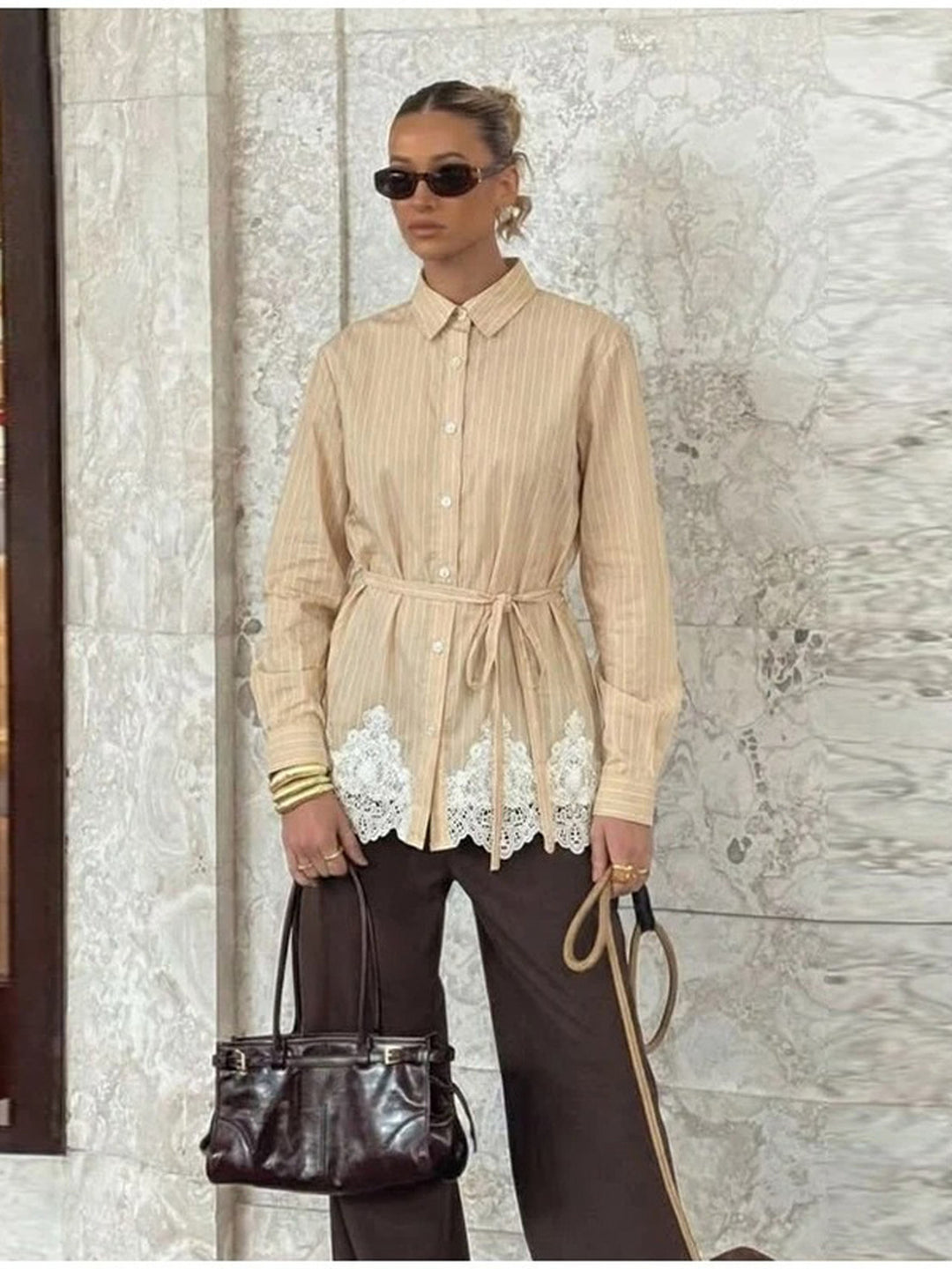 Lace-Panel Striped Tie Blouse