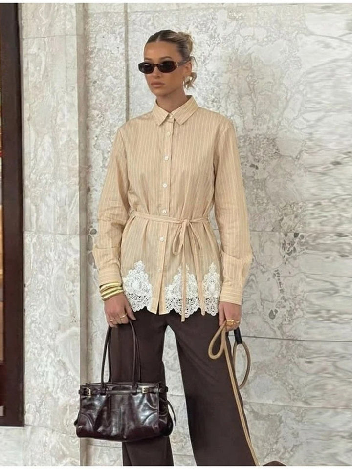Lace-Panel Striped Tie Blouse