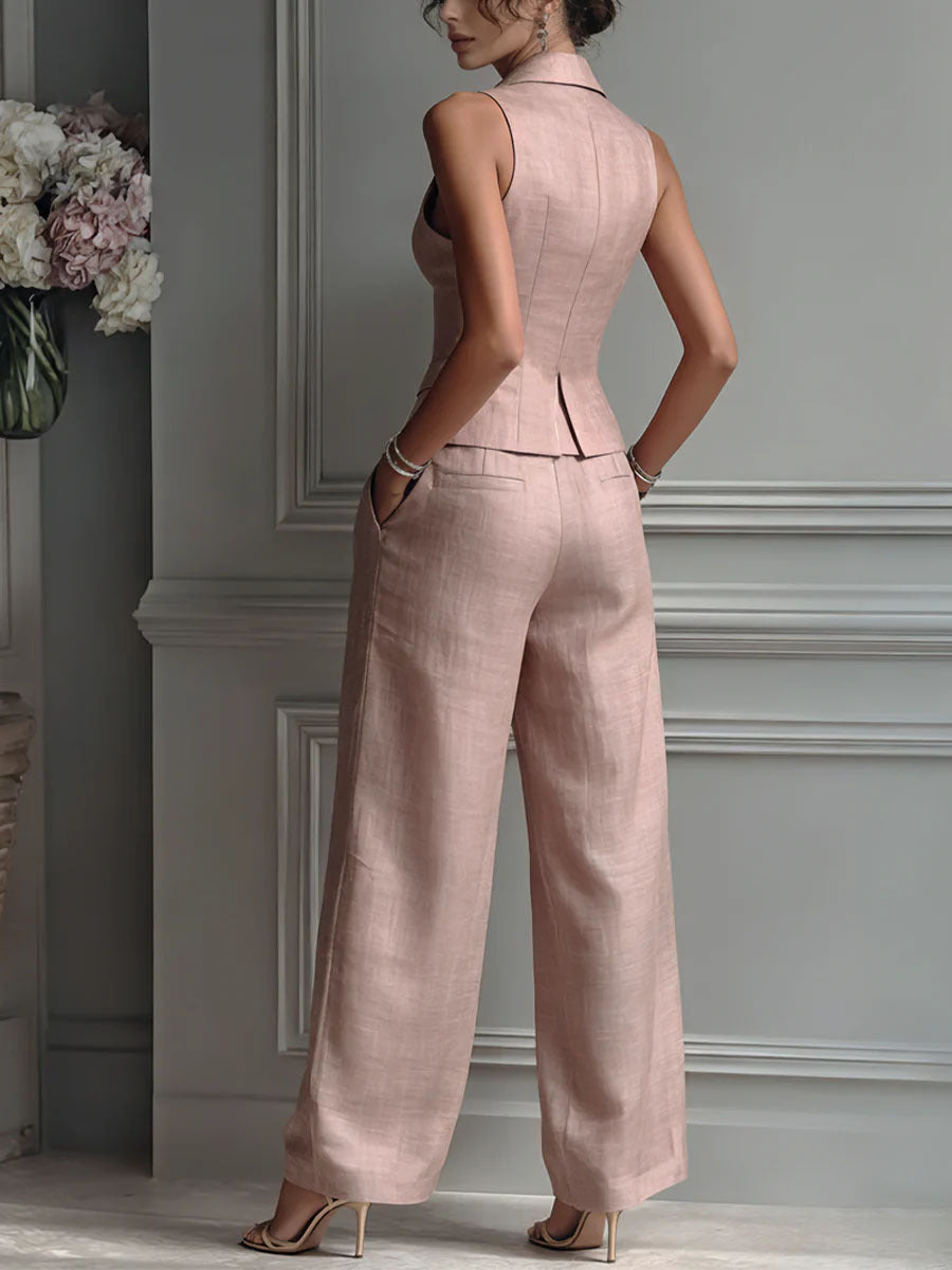 Women's Soft Tailored Two-Piece Trouser Set – V-Neck Co-ord – Grey
