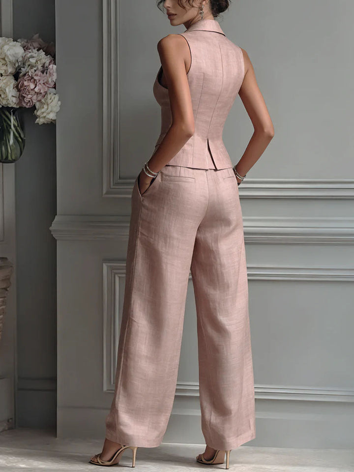 Women's Soft Tailored Two-Piece Trouser Set – V-Neck Co-ord – Grey