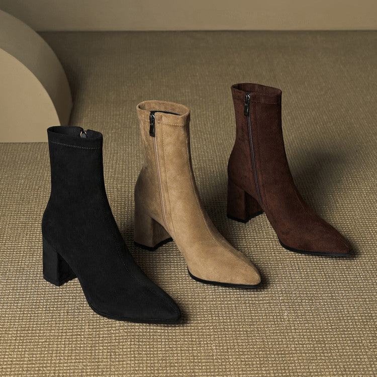 Women's Suede Ankle Boots – Block Heel with Sleek Side Zip