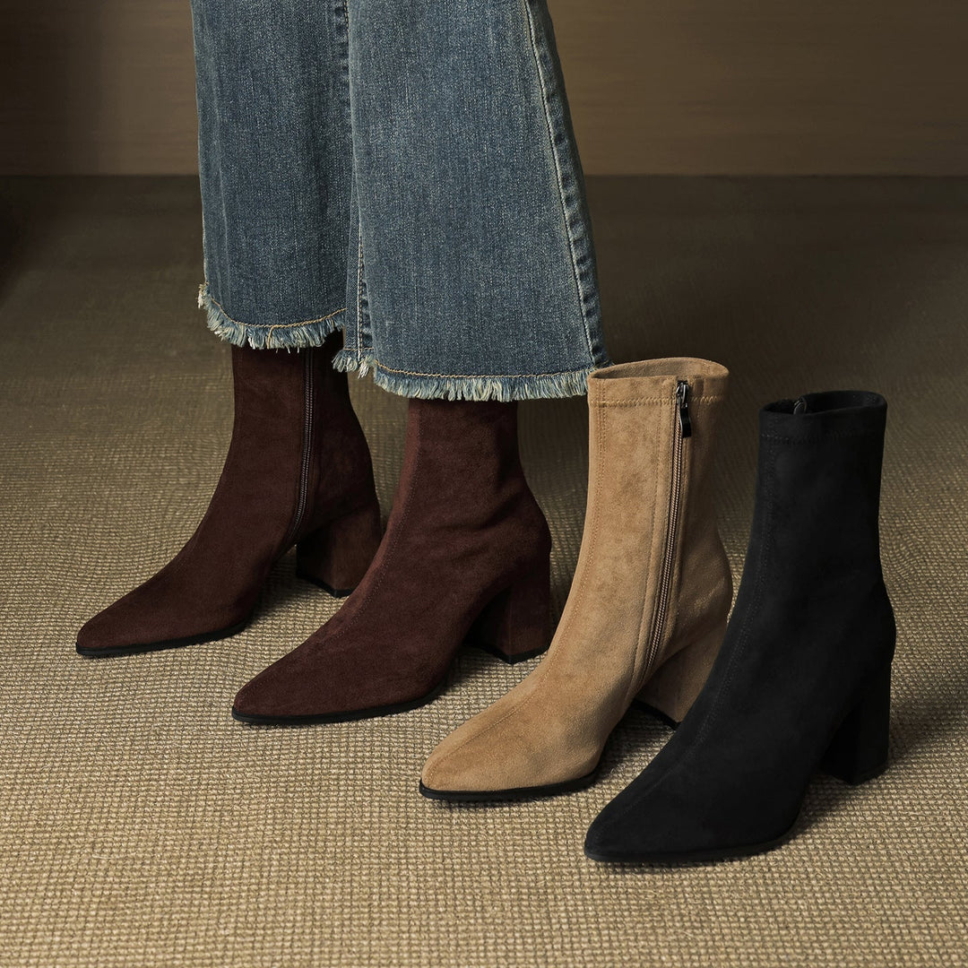 Women's Suede Ankle Boots – Block Heel with Sleek Side Zip