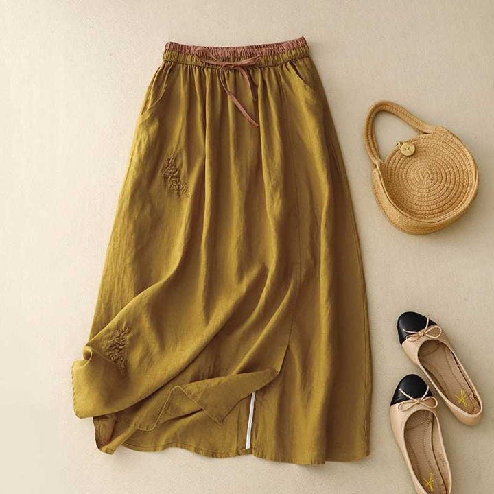 Women's Embroidered Linen Skirt – Elasticated Waist Summer Skirt – view 3