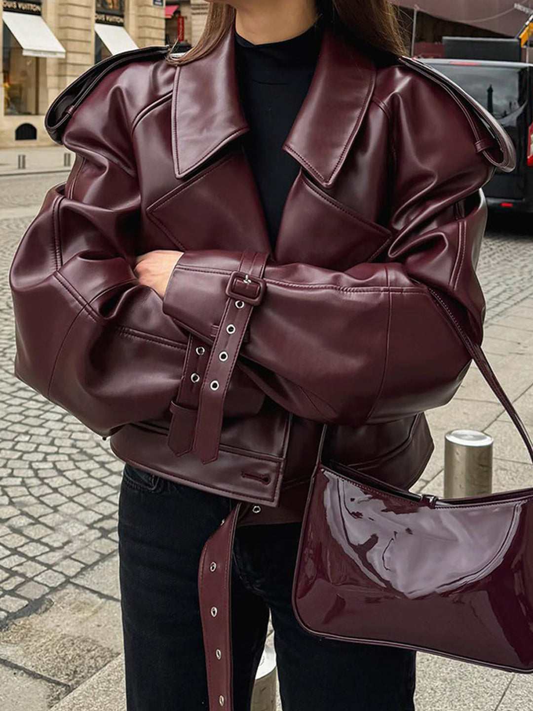 Burgundy PU Lapel Cropped Jacket