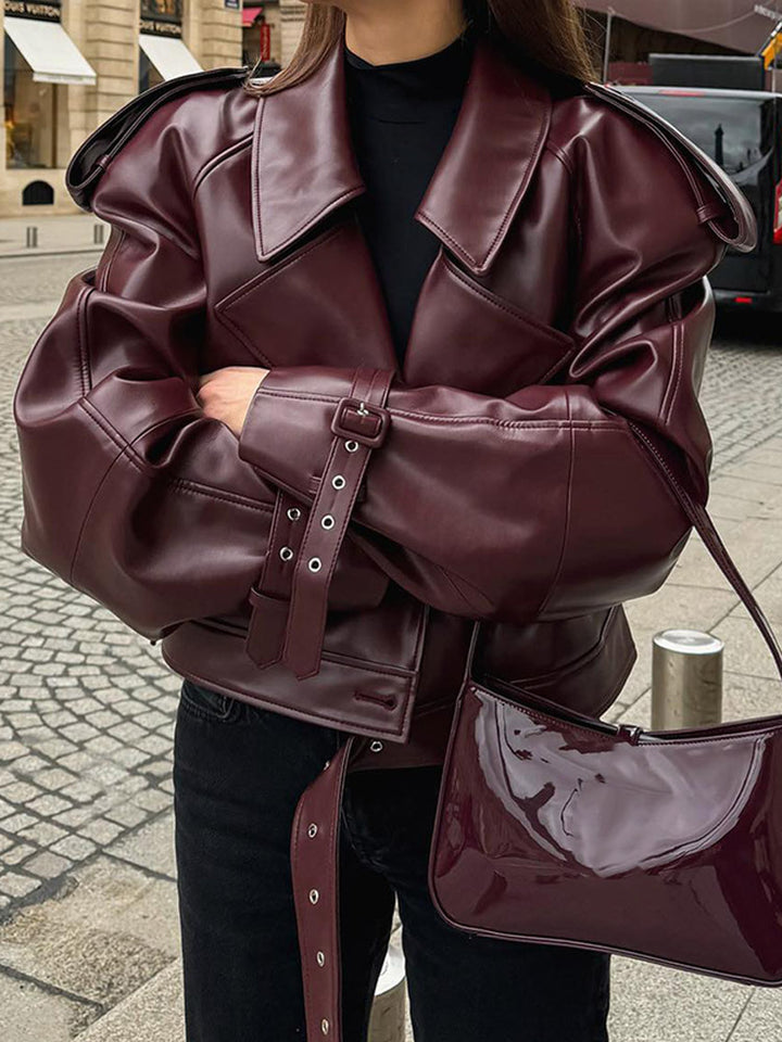 Burgundy PU Lapel Cropped Jacket
