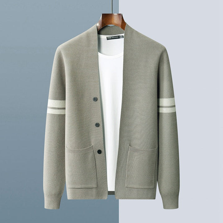 Men's Fine Knit Stripe Cardigan – Varsity Detail Layering Piece – view 6