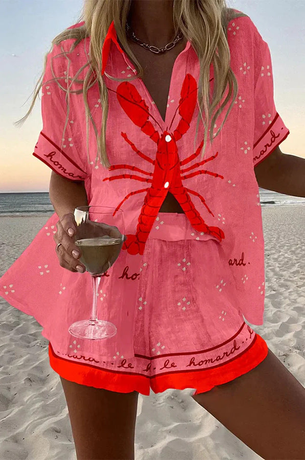 Women's Pink Lobster Print Short Set - Playful Summer Look