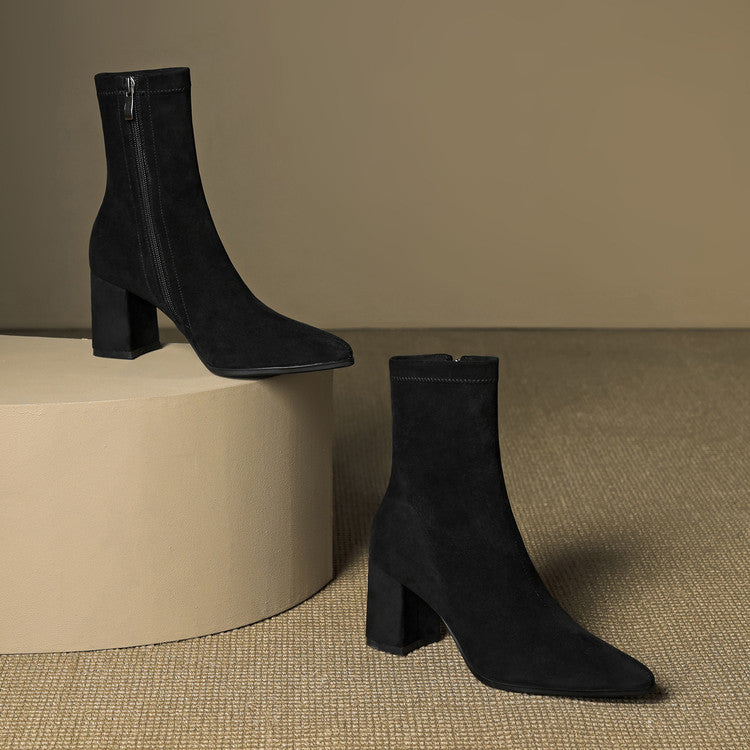 Women's Suede Ankle Boots – Block Heel with Sleek Side Zip
