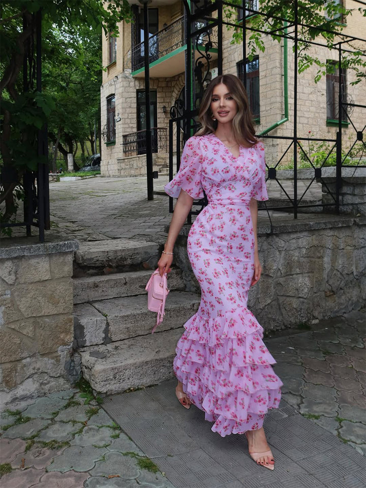 Elegant Cinched Tiered Floral Maxi