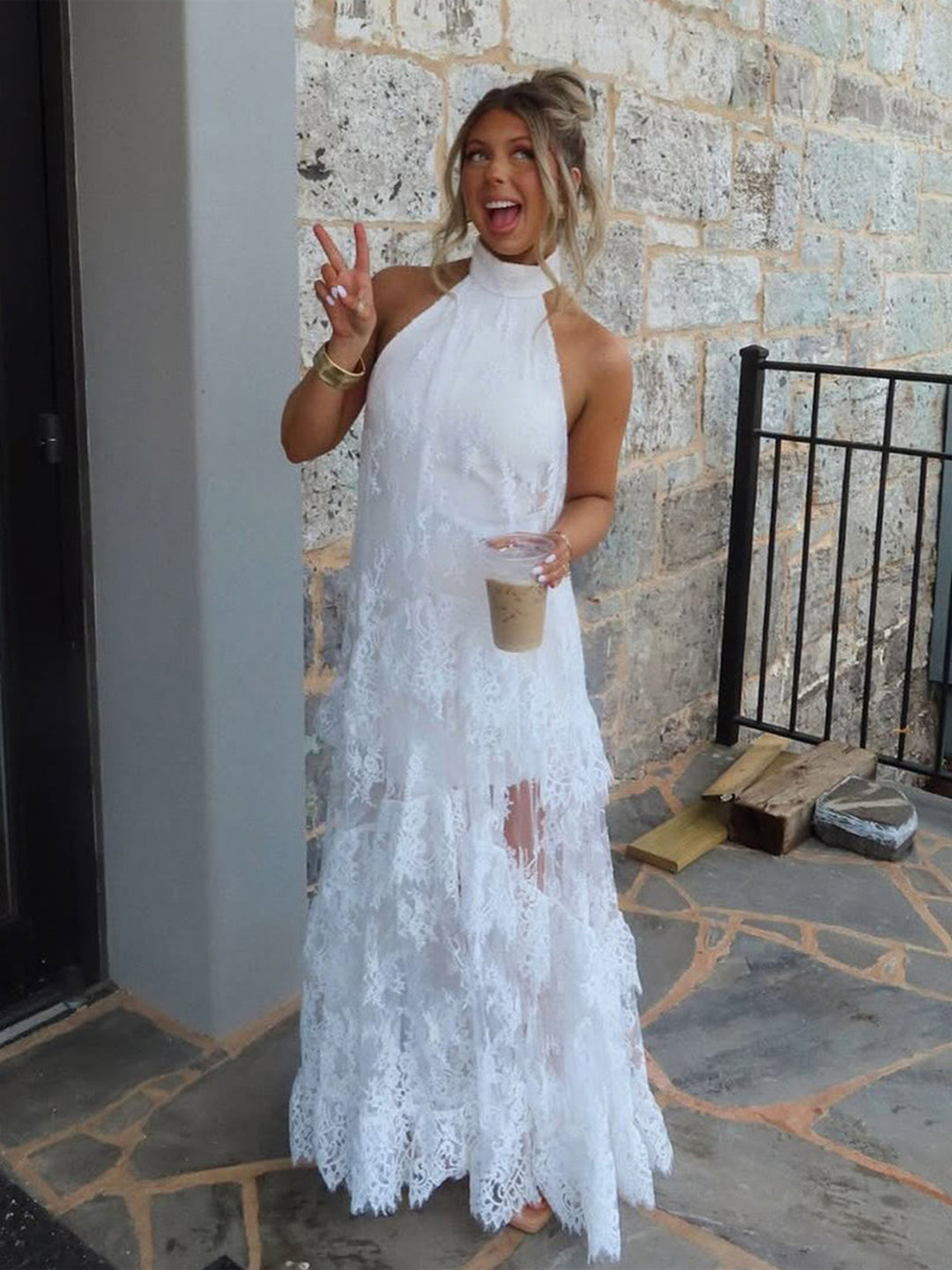 Mature Solid Lace-Panel Tie Dress