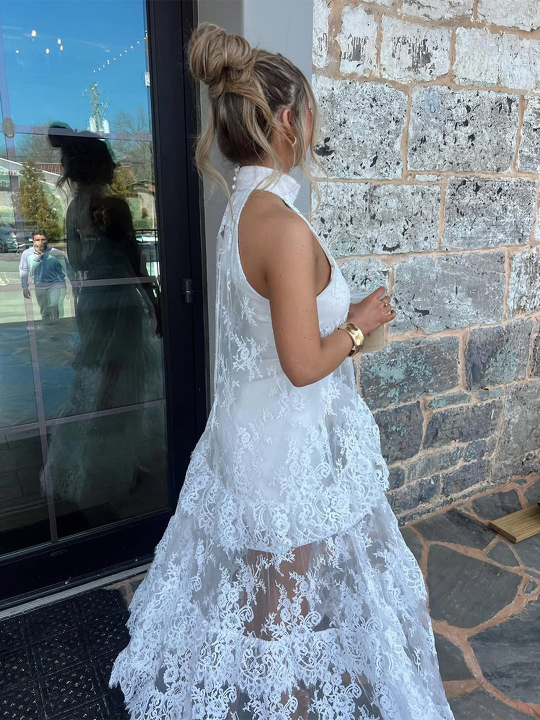 Mature Solid Lace-Panel Tie Dress