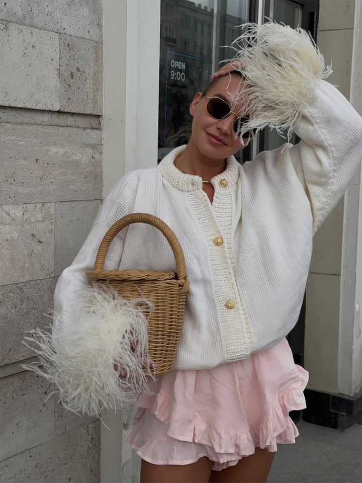 Round-Neck Paneled-Sleeve Cardigan