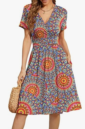 Women's A-Line V-Neck Midi Dress - Casual Summer Evenings