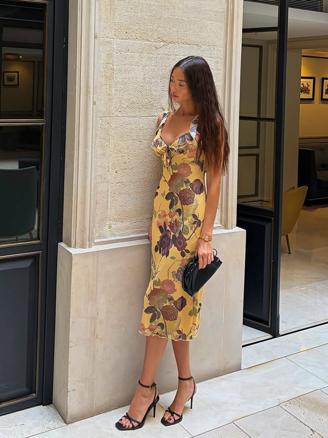 French Retro V-Neck Floral Midi
