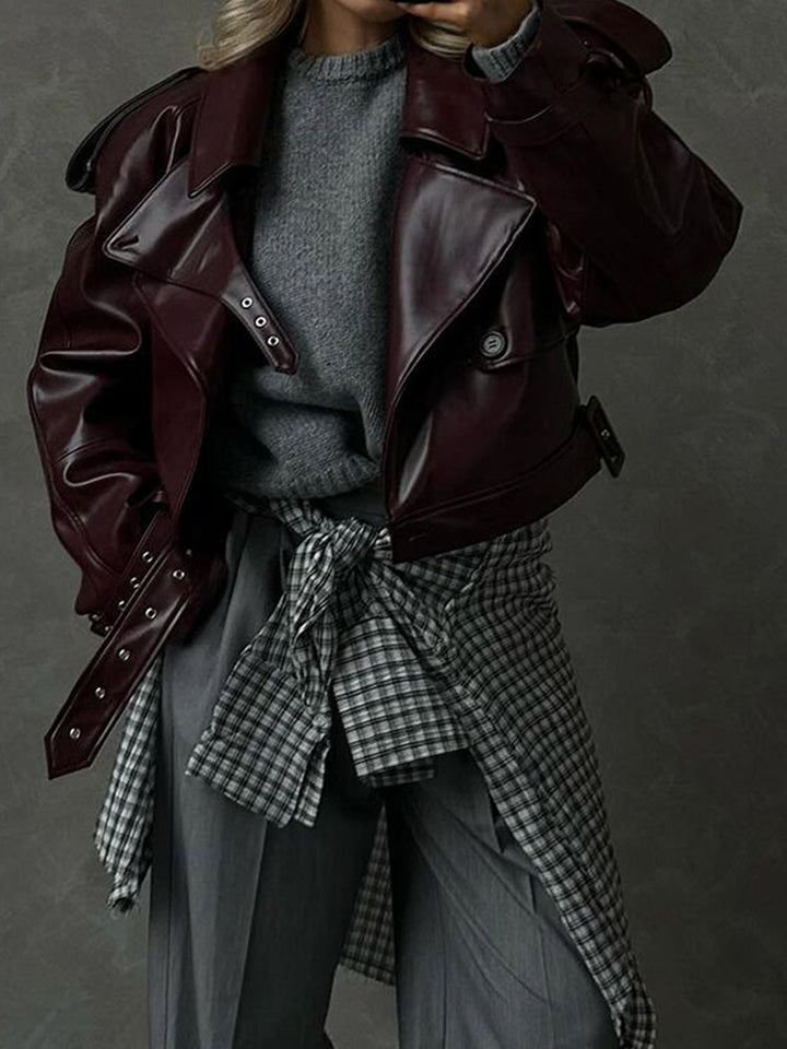 Burgundy PU Lapel Cropped Jacket