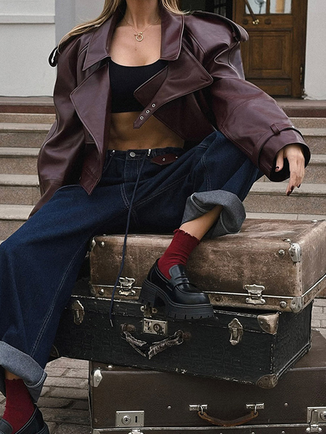 Burgundy PU Lapel Cropped Jacket
