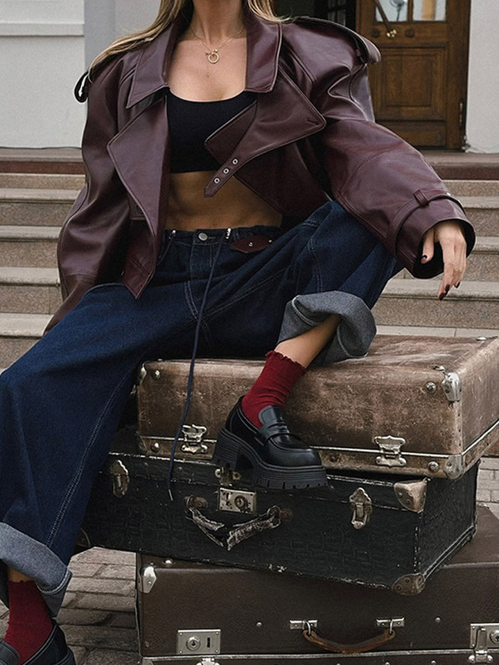 Burgundy PU Lapel Cropped Jacket
