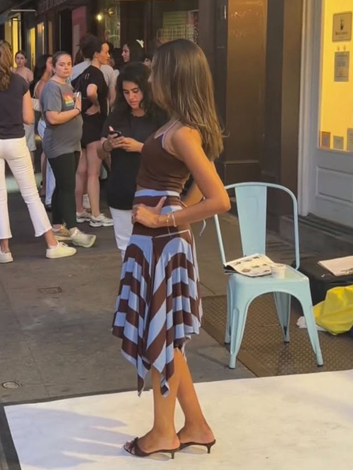 Striped High-Waist Asymmetric Skirt