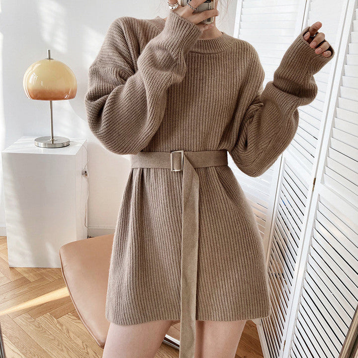 Women's Aspen Ribbed Knit Dress – Belted Long Sleeve Jumper Dress – view 3