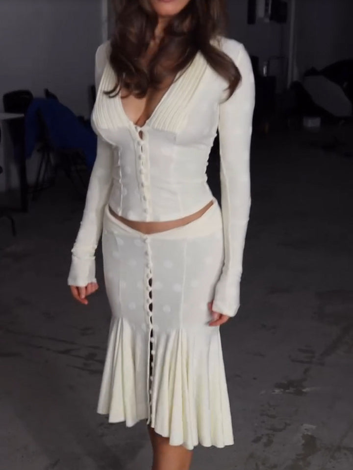 Minimalist Knit V-Neck Top & Skirt Set