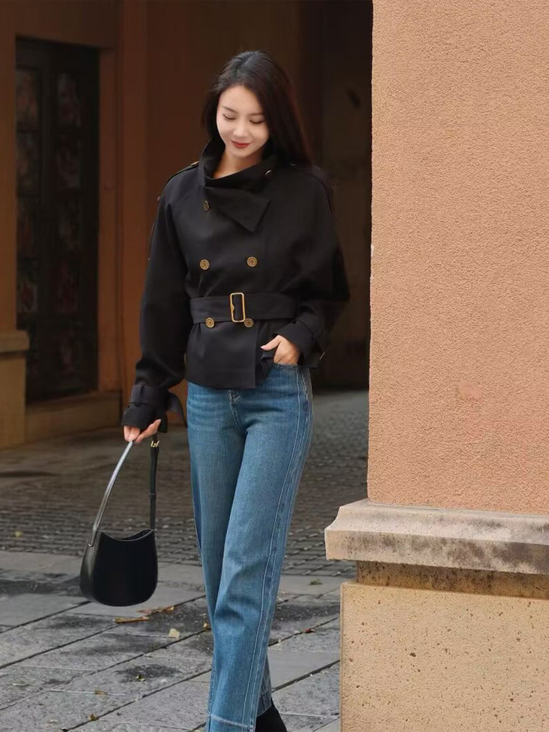 Vintage Black Double-Breasted Trench