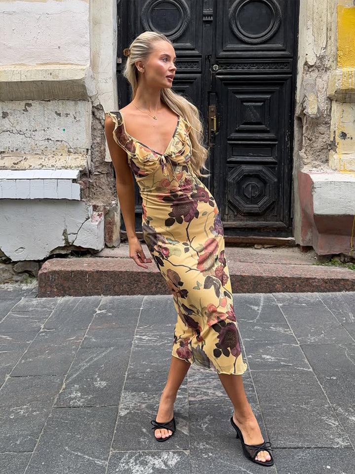 French Retro V-Neck Floral Midi