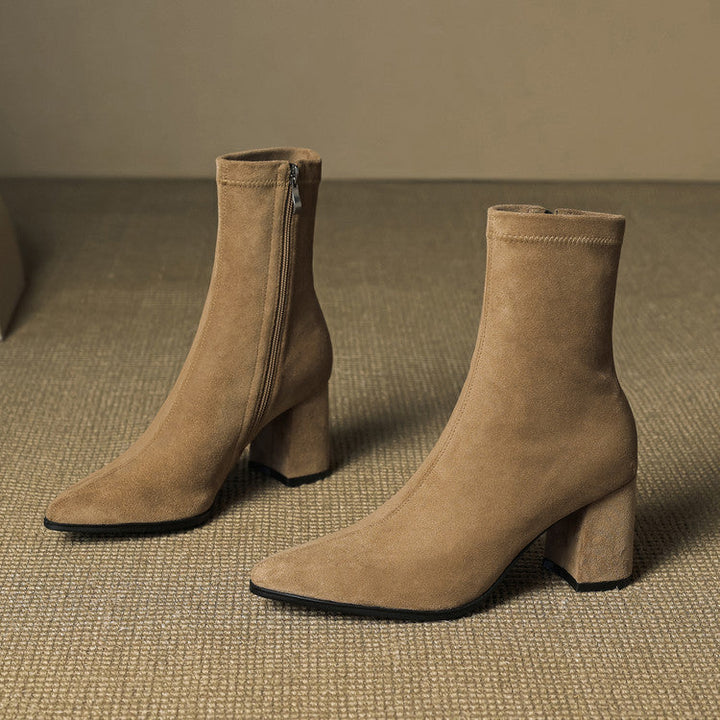 Women's Suede Ankle Boots – Block Heel with Sleek Side Zip