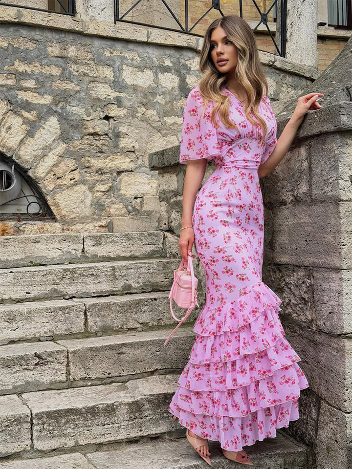 Elegant Cinched Tiered Floral Maxi