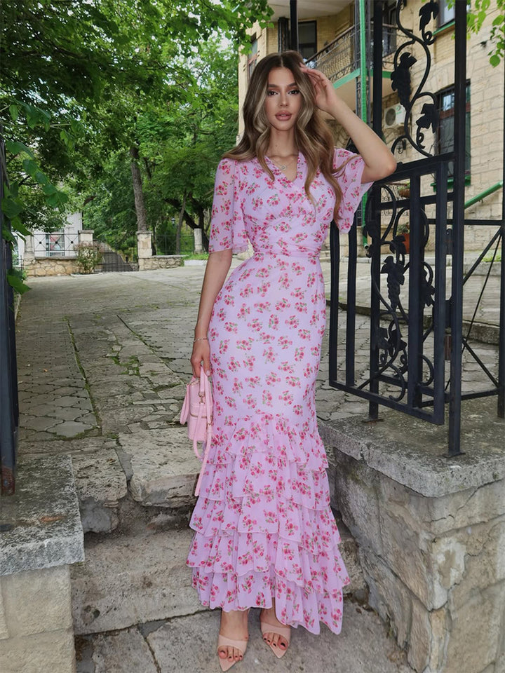 Elegant Cinched Tiered Floral Maxi