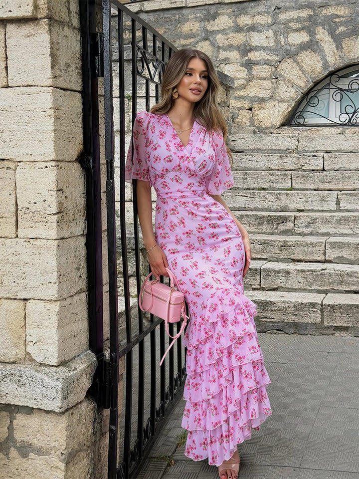 Elegant Cinched Tiered Floral Maxi