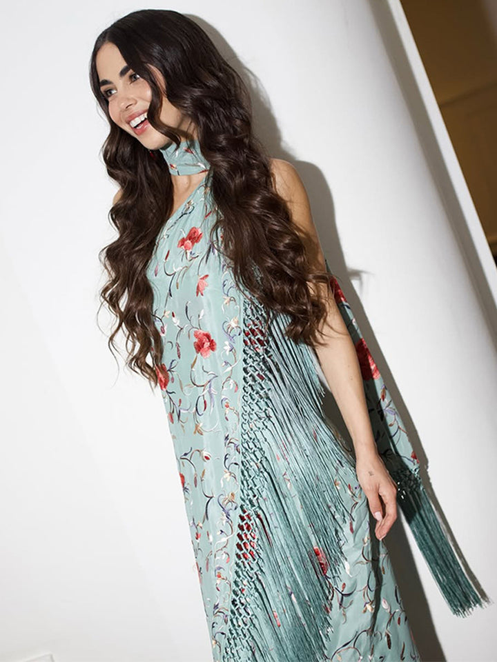 Printed Fringe One-Shoulder Maxi