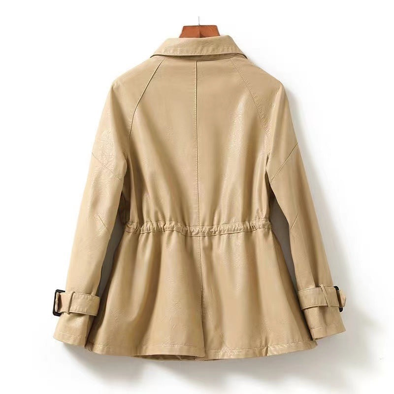 Women's Sheepskin Leather Jacket – Cinched Drawstring Trench Style – Champagne