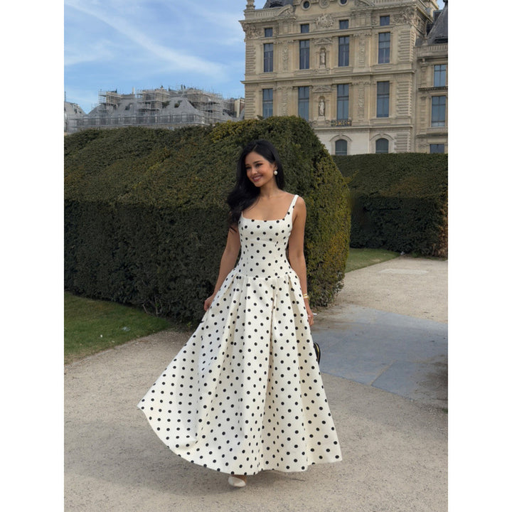 French Polka-Dot Square-Neck Midi