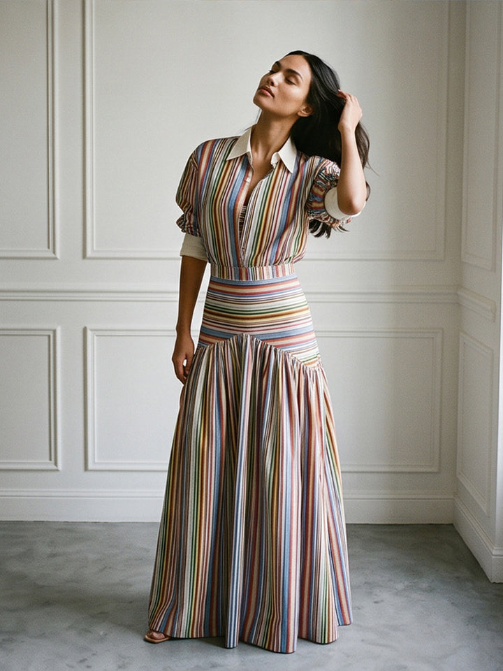 Striped Lapel Shirt & Wide-Leg Set