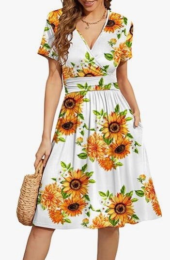 Women's V-Neck A-Line Midi Dress - Effortless Summer Style